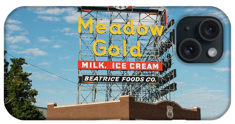 America iPhone Case featuring the photograph Route 66 Tulsa Meadow Gold Vintage Sign by Gregory Ballos
