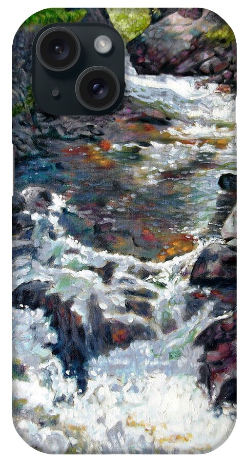 A Fast Moving Stream In Colorado Rocky Mountains iPhone Case featuring the painting Rushing Waters by John Lautermilch