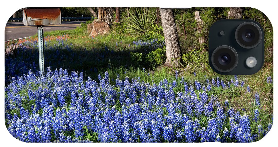 Texas iPhone Case featuring the photograph Rustic rural mailbox surrounded by Texas Bluebonnet wildflowers by Dan Herron