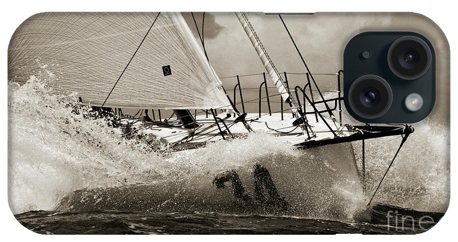 Sailboat iPhone Case featuring the photograph Sailboat Le Pingouin Open 60 Sepia by Dustin K Ryan