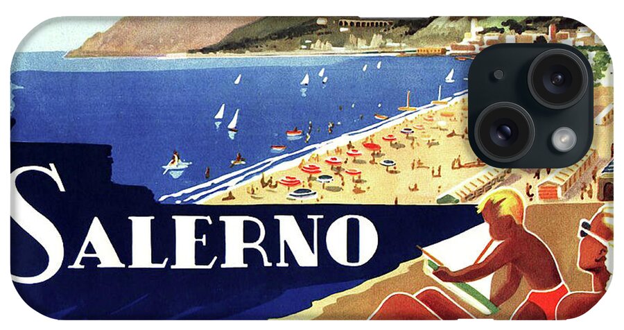 Salerno iPhone Case featuring the painting Salerno beach, Italy, vintage travel poster by Long Shot