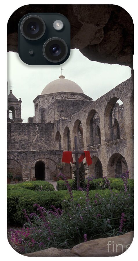 Texas iPhone Case featuring the photograph SAN JOSE MISSION COURTYARD San Antonio Texas by John Mitchell