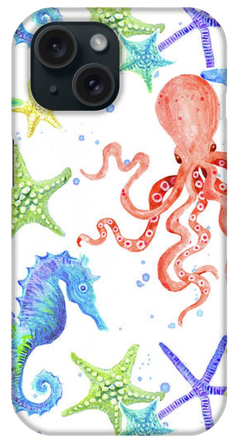 Acrylic iPhone Case featuring the painting Sand 'n Sea Beach Ocean Seashore Red Orange Octopus by Audrey Jeanne Roberts