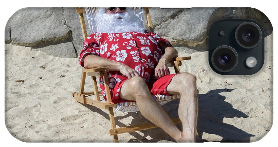 Beach iPhone Case featuring the photograph Santa Claus on sunny beach in chair by Karen Foley