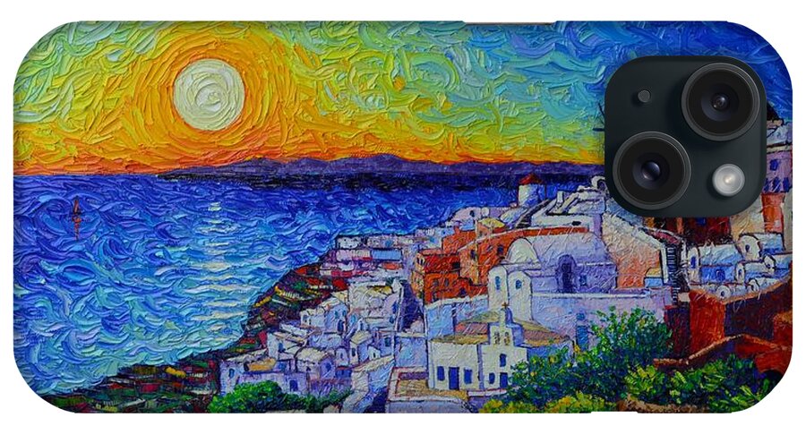 Santorini iPhone Case featuring the painting SANTORINI OIA SUNSET modern impressionist impasto palette knife oil painting by Ana Maria Edulescu by Ana Maria Edulescu