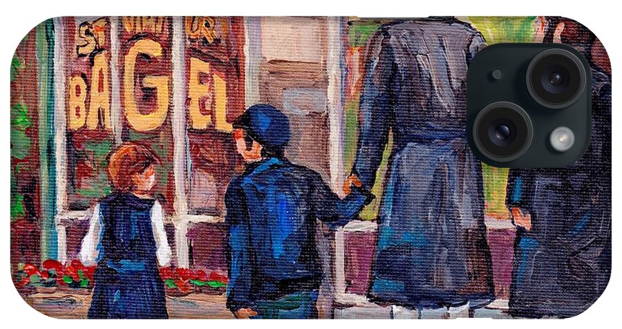 St.viateur Bagel iPhone Case featuring the painting Satmar Rabbis Summer Stroll St Viateur Street Scene Canadian Artist C Spandau Jewish Neighborhoods  by Carole Spandau