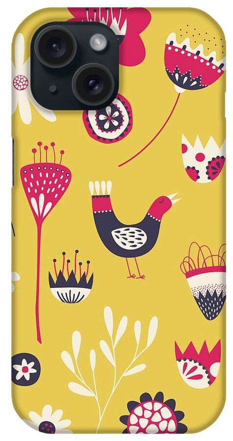 Scandi iPhone Case featuring the digital art Scandi Birds and Flowers Yellow by Nic Squirrell