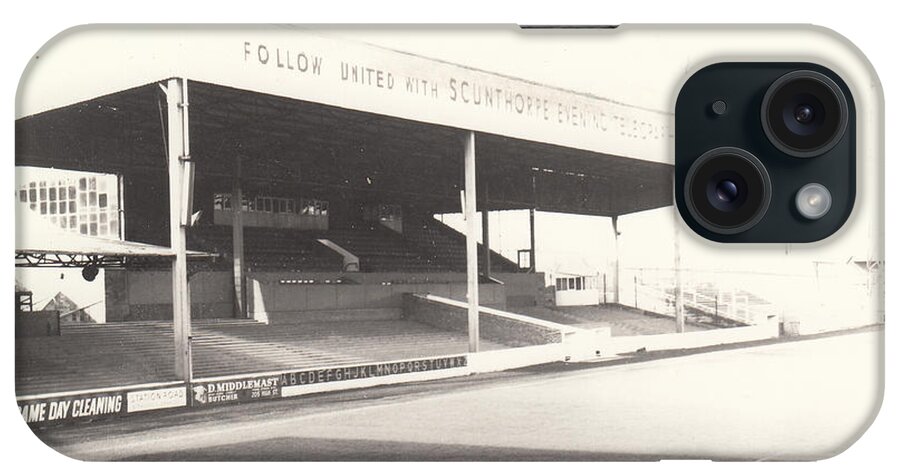  iPhone Case featuring the photograph Scunthorpe United - Old Showground - Main Stand 1 - BW - 1960s by Legendary Football Grounds