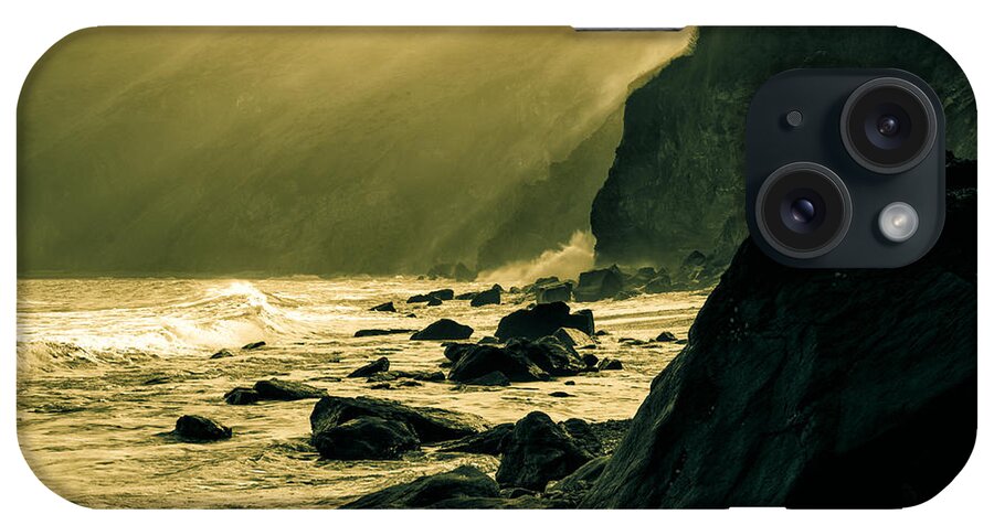 Devon iPhone Case featuring the photograph Sea Fret on Lynmouth Beach in shades of yellow. by John Paul Cullen