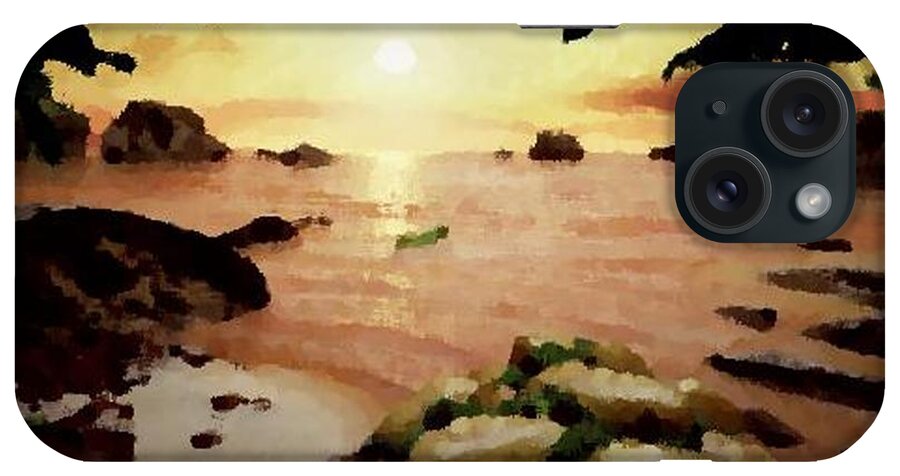 Landscape.coast.shore.trees.stones.sand.water.sunset Reflection.silence.rest.sun.sky. iPhone Case featuring the digital art Sea Shore.sunset by Dr Loifer Vladimir