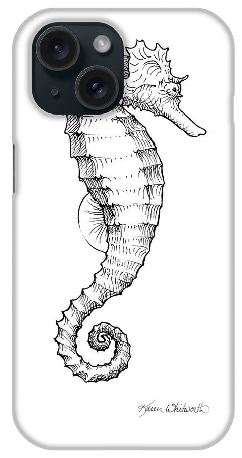 Seahorse iPhone Case featuring the drawing Seahorse Black and White Sketch by K Whitworth