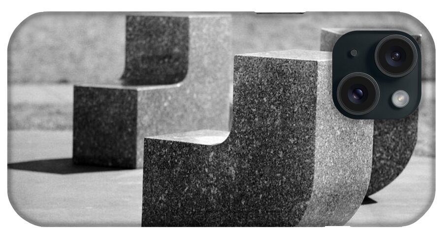 Stone Sculpture Poppajohn Park Seat Seating Eight Black White Monochrome iPhone Case featuring the photograph Seating for Eight by Ken DePue