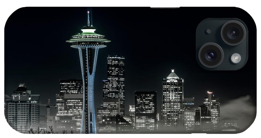 Seattle iPhone Case featuring the photograph Seattle Foggy Night Lights in BW by Ken Stanback