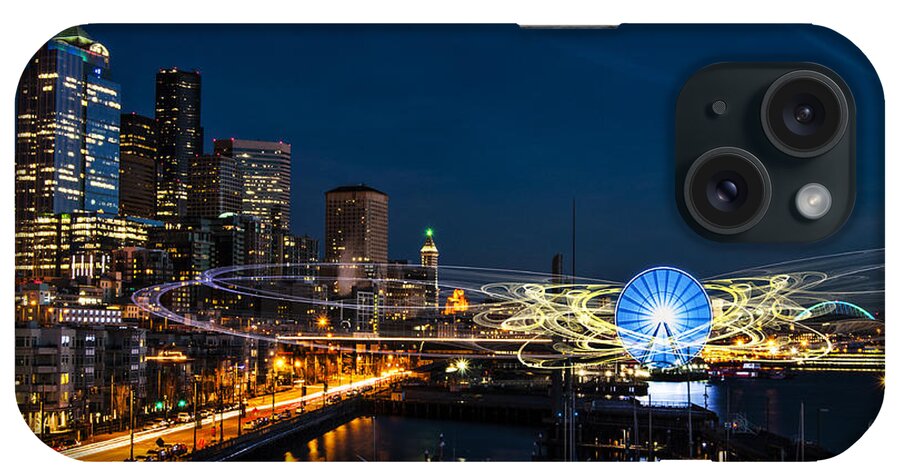 Long iPhone Case featuring the digital art Seattle Waterfront Cosmic Rays by Pelo Blanco Photo