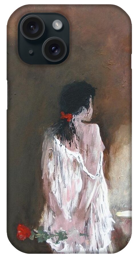 Secret Rose Red Woman Night Lamp Light Table Brown Black White Night Dress Hide Figure Hair Dark Ready To Sleep Acrylic On Canvas Print Painting iPhone Case featuring the painting Secret Rose by Miroslaw Chelchowski