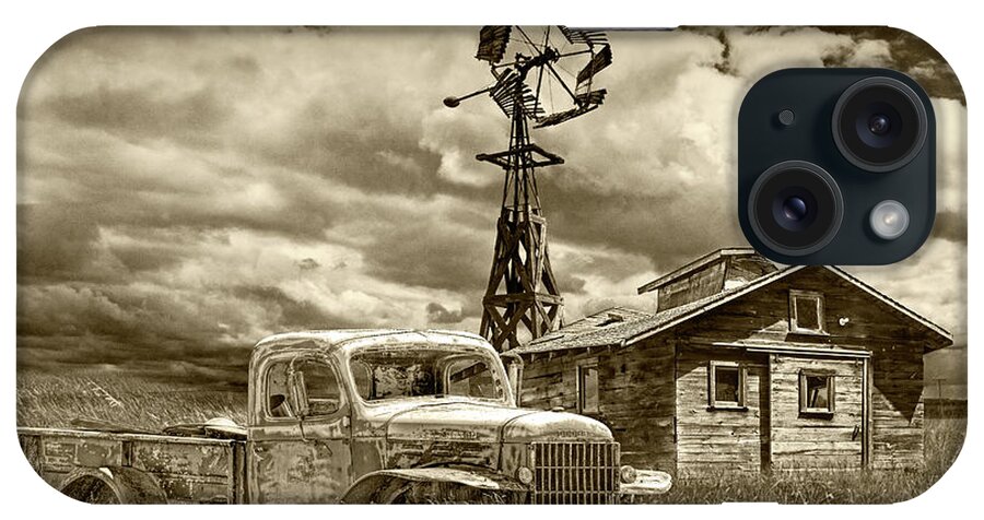 Landscape iPhone Case featuring the photograph Sepia Tone of Old Vintage Junk Dodge Pickup and Decaying Barn with Windmill by Randall Nyhof