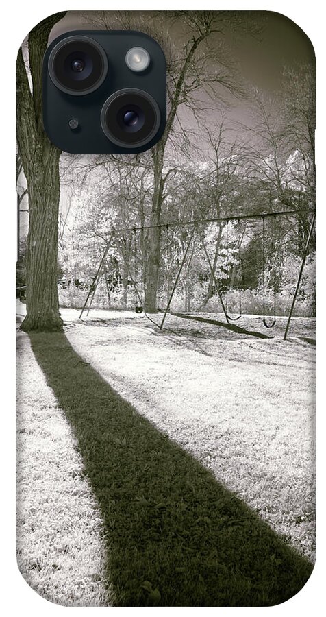 Shadow Shadows Swingset Swings Swing Set Play Ground Playground Park Public Outside Outdoors Nature Ir Infrared Infra Red Nanometer Brian Hale Brianhalephoto Hudson Ma Mass Massachusetts Sun Sky Trees Tree iPhone Case featuring the photograph Shadow of a Memory by Brian Hale