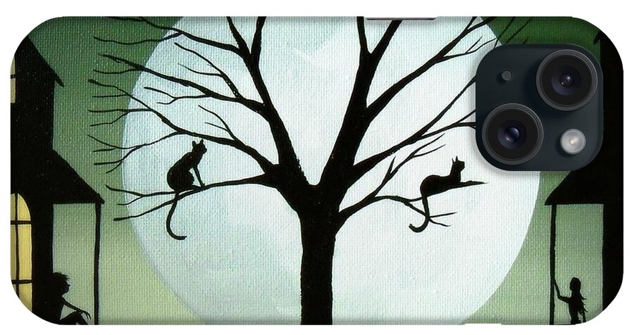 Folk Art iPhone Case featuring the painting Sharing The Moon - cat silhouette art by Debbie Criswell