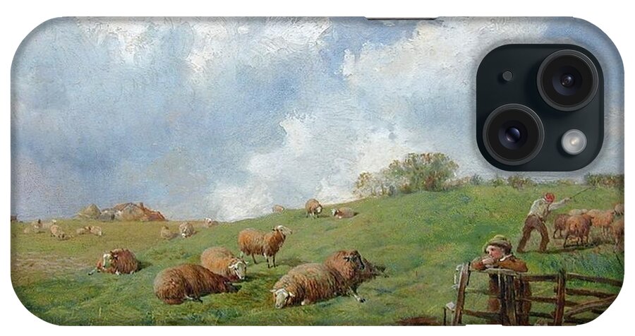 James John Hill - Sheep On A Hillside iPhone Case featuring the painting Sheep on a Hillside by MotionAge Designs