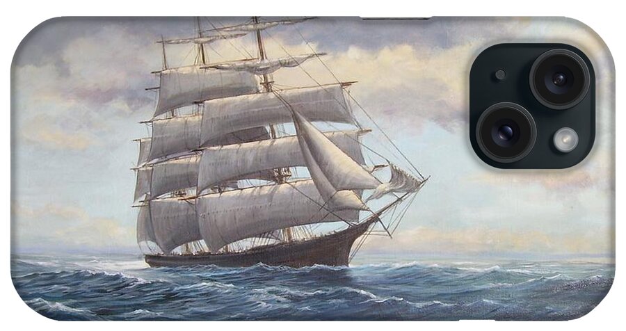 Square Rigger iPhone Case featuring the painting Ship Coming out of Morning Fog by Perry's Fine Art