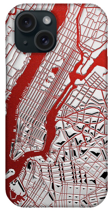 'nyc ' Collection By Serge Averbukh iPhone Case featuring the digital art Silver Cities - Silver City Map New York on Red by Serge Averbukh