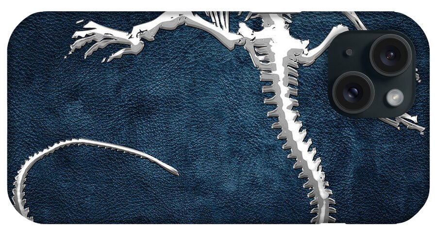 Precious Bones By Serge Averbukh iPhone Case featuring the photograph Silver Iguana Skeleton on Blue Silver Iguana Skeleton on Blue by Serge Averbukh