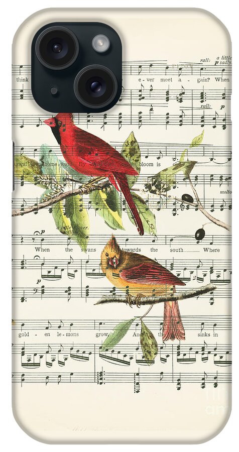 Music iPhone Case featuring the drawing Singing cardinals, vintage sheet music by Delphimages Photo Creations