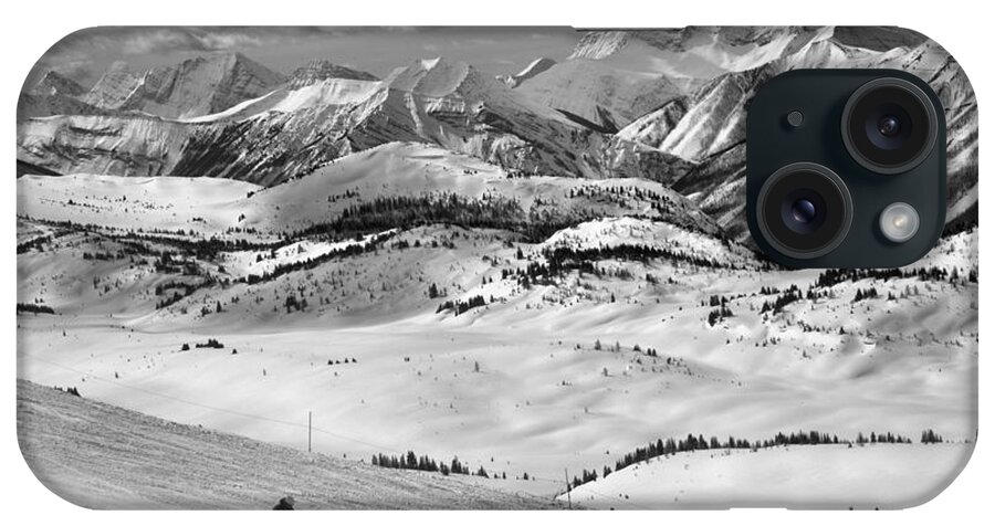 Sunshine Village iPhone Case featuring the photograph Skiing Through The Canadian Rockies Black And White by Adam Jewell