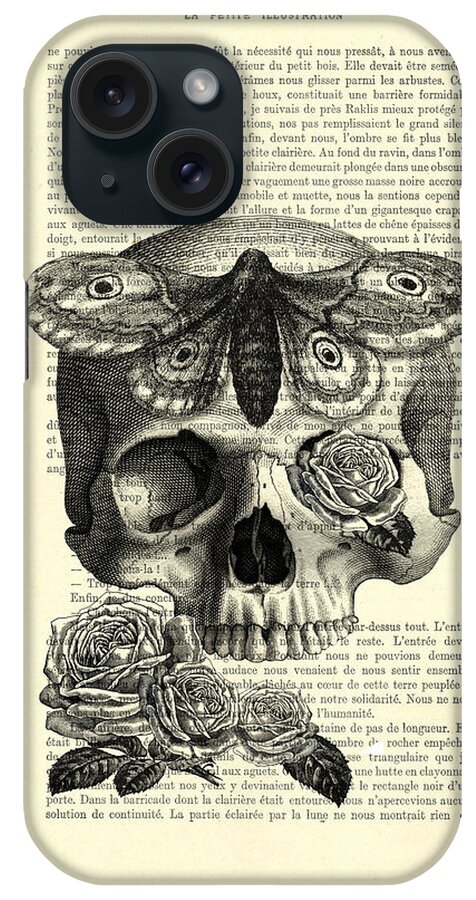 Skull iPhone Case featuring the digital art Skull with hawkmoth black and white by Madame Memento