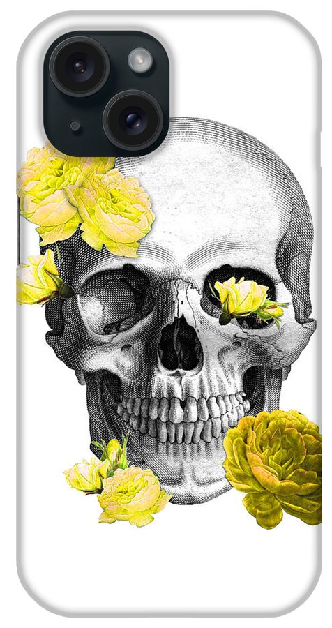 Skull iPhone Case featuring the digital art Skull yellow roses by Madame Memento