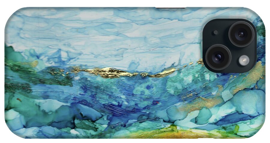 Alcohol Ink iPhone Case featuring the painting Sky Sea Sand by Mary Benke