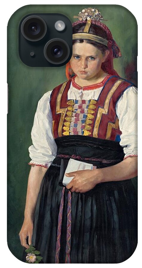 Slovak Costume iPhone Case featuring the painting Slovak girl in costume, Jozef Hanula, ca 1910 by Vincent Monozlay