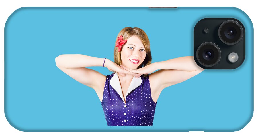 Happiness iPhone Case featuring the photograph Smiling retro woman showing lipstick makeup by Jorgo Photography
