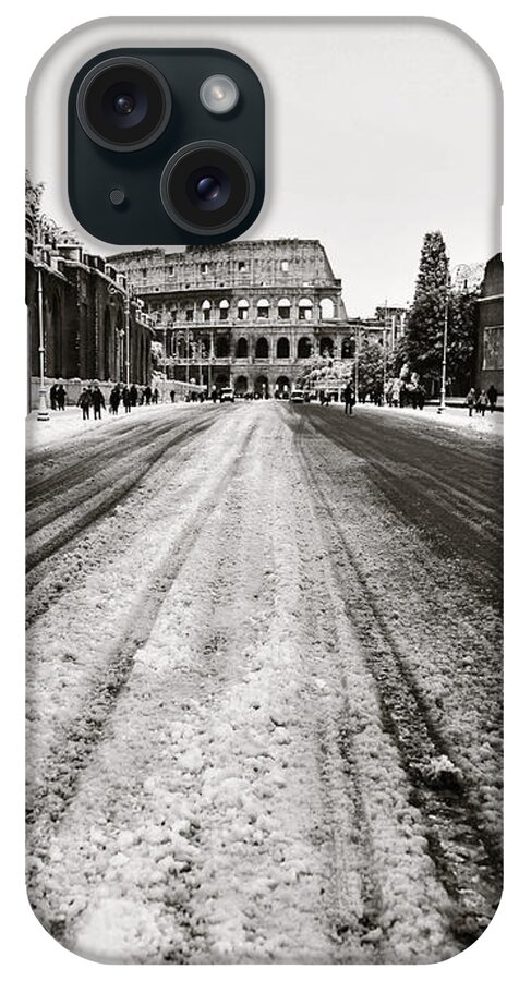 Black And White iPhone Case featuring the photograph Snow at the Colosseum - Rome by Stefano Senise