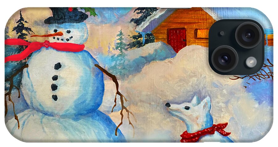 Snowman And Fido iPhone Case featuring the painting Snowman and Fido by Teresa Ascone