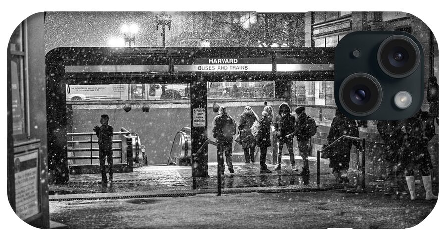 Harvard iPhone Case featuring the photograph Snowy Harvard Square Night- Harvard T Station Black and White by Toby McGuire