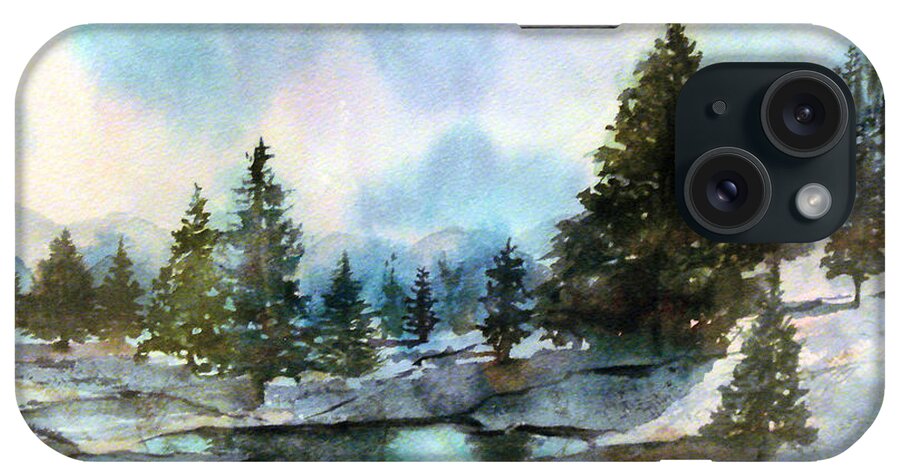 Watercolor iPhone Case featuring the painting Snowy Lake Reflections by Debbie Lewis