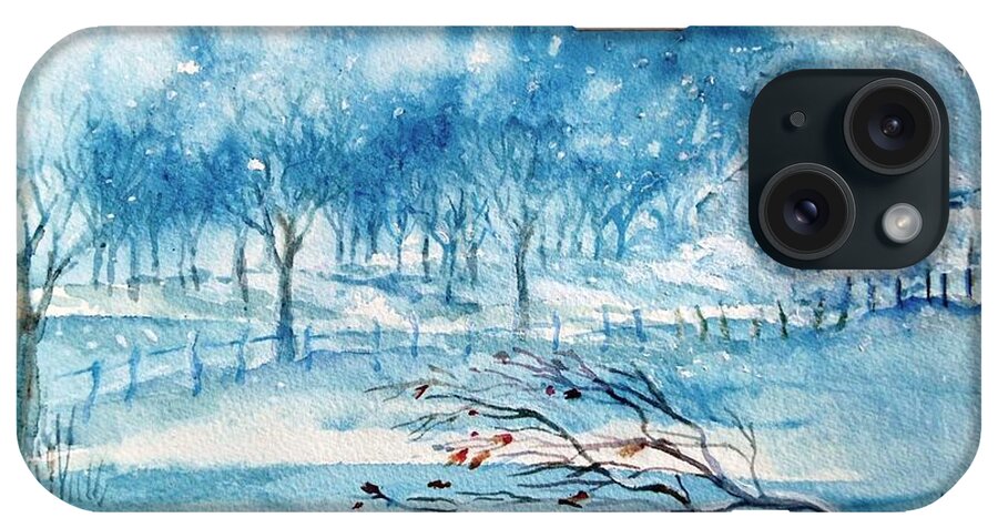  Falling Snow iPhone Case featuring the painting Softly Falling Woodland Snow by Trudi Doyle