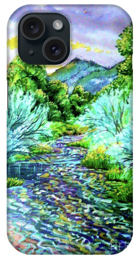 South Platte River At Spring Run Off Life Blood Of Denver Colorado Purples Teal Blues Greens Reflections Yellow iPhone Case featuring the painting South Platte River by Annie Gibbons