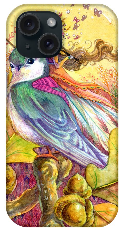 Bird Sparrow Fairy Violin Music Autumn Leaves Watercolor Illustration Fantasy Fairytale Girl iPhone Case featuring the painting Sparrow's Song by Sara Burrier