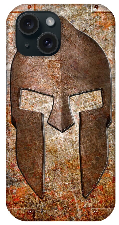 Spartan iPhone Case featuring the digital art Spartan Helmet on Rusted Riveted Metal Sheet by Fred Ber