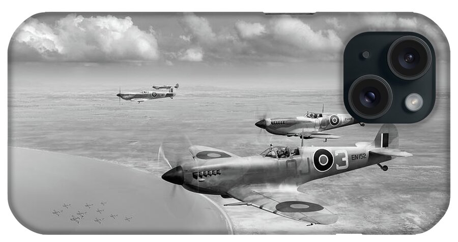 92 Squadron iPhone Case featuring the photograph Spitfires over Tunisia black and white version by Gary Eason