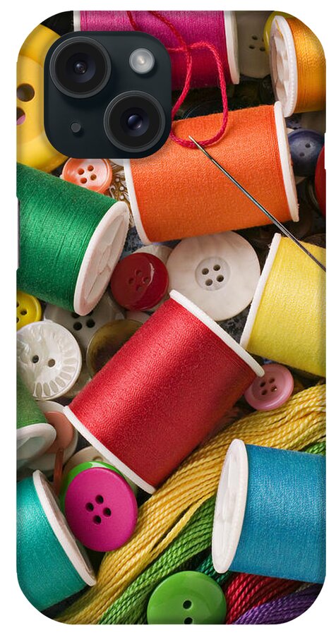 Spools iPhone Case featuring the photograph Spools of thread with buttons by Garry Gay