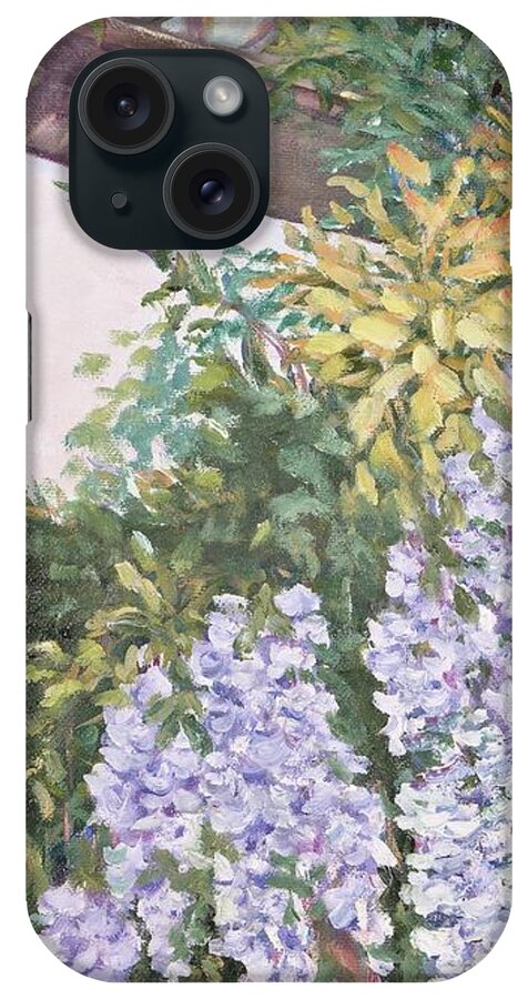 Wisteria In Garden iPhone Case featuring the painting Springtime and Wisteria by Audrey McLeod