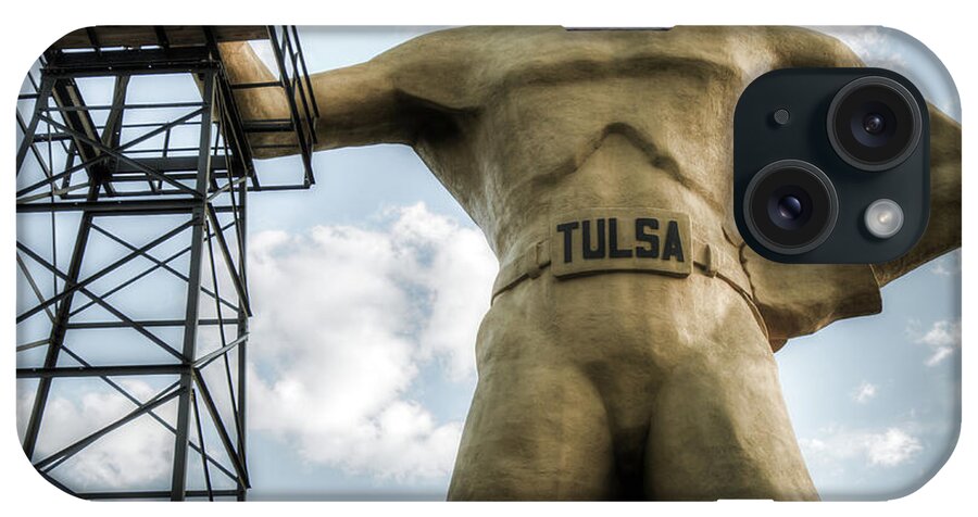 America iPhone Case featuring the photograph Square Format Tulsa Oklahoma Golden Driller - Vintage by Gregory Ballos