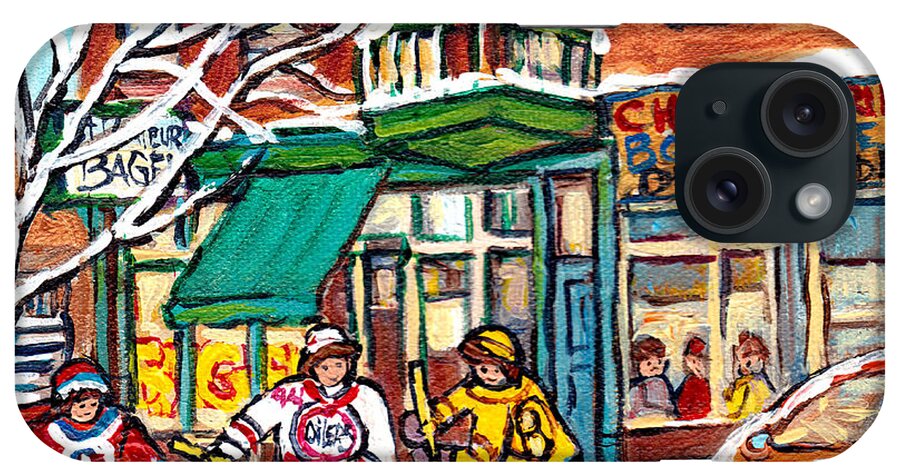 St.viateur Bagel iPhone Case featuring the painting St Viateur Bagel Winterscene Painting For Sale Montreal Art Canadian Artist C Spanddau City Scenes  by Carole Spandau