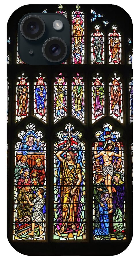 Stained Glass Window Saints Coloured Glass Lead Arch West Window St Marys Kidwelly Religious Images Red Green Blue Yellow Purple iPhone Case featuring the photograph Stained Glass Window by Jeff Townsend