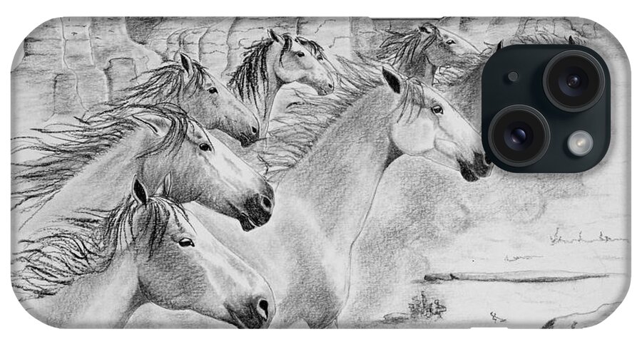 Mustangs iPhone Case featuring the drawing Stampede In Sedona by Joette Snyder