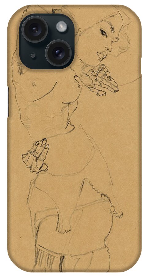 Egon Schiele iPhone Case featuring the drawing Standing Nude with Large Hat. Gertrude Schiele by Egon Schiele