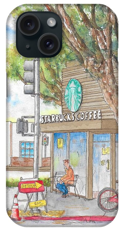 Starbucks Coffee iPhone Case featuring the painting Starbucks Coffee in Robertson and Beverly Blvd., Beverly Hills, CA by Carlos G Groppa